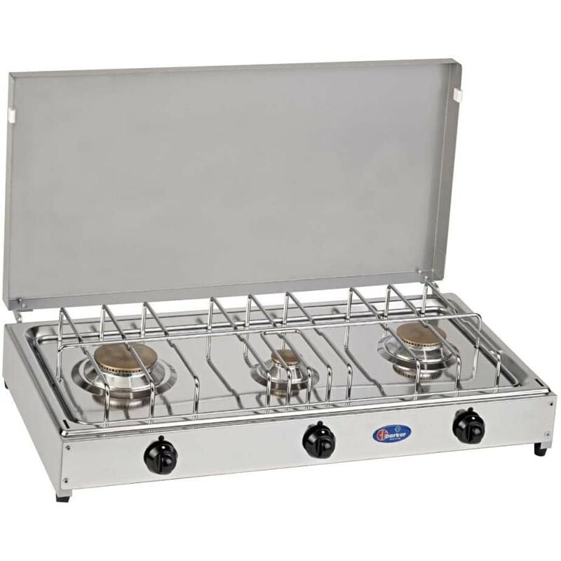 foto del prodotto fornello a gas gpl metano a 3 fuochi pianale in acciaio inox cf parker mod. 5523g. colore grigio metano