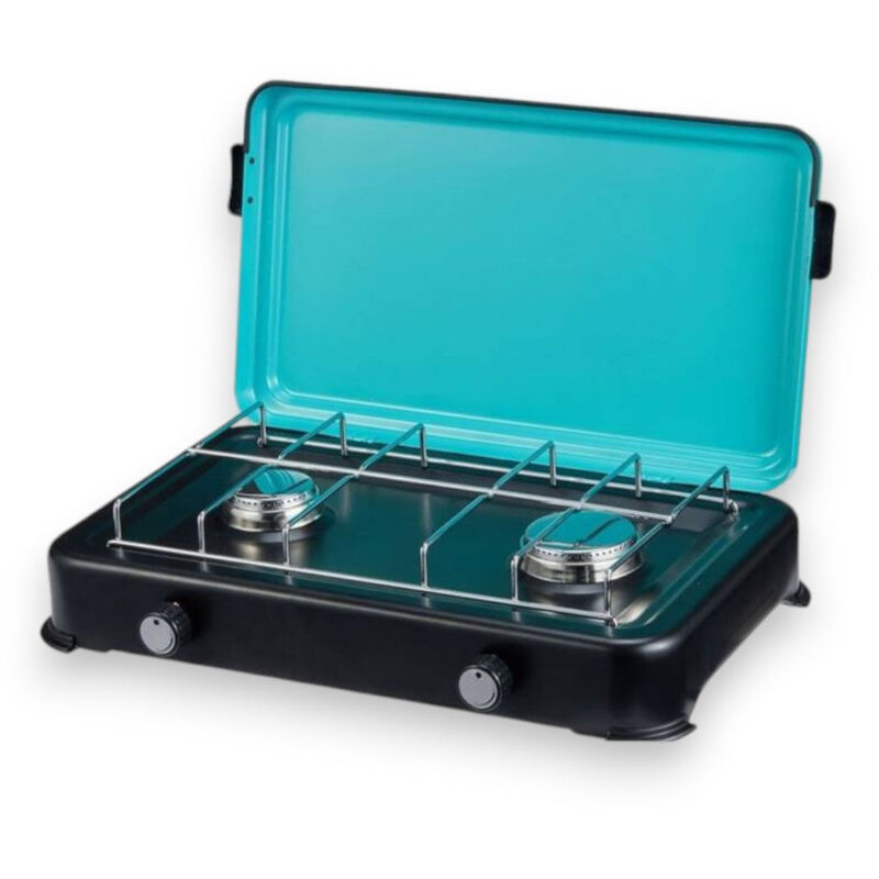 foto del prodotto fornello a gas portatile con 2 fuochi in acciaio per campeggio 2350w