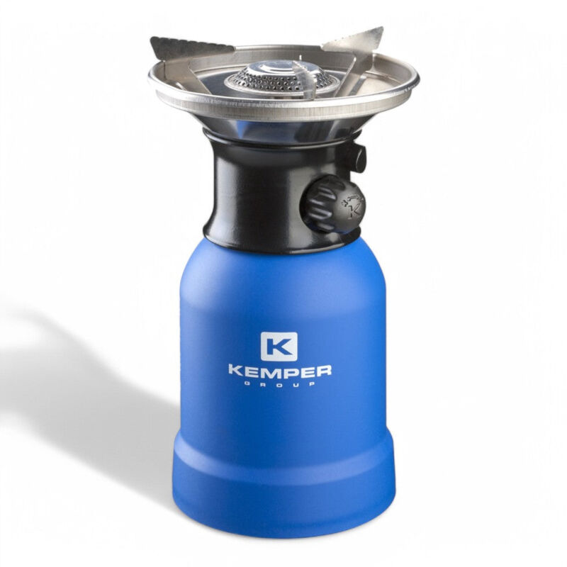 foto del prodotto fornello a gas portatile con accensione piezo e piattello antivento in acciaio da campeggio