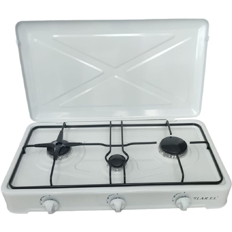 foto del prodotto fornello cucinino a gas 3 fuochi appoggio campeggio gas gpl 60x34 larel