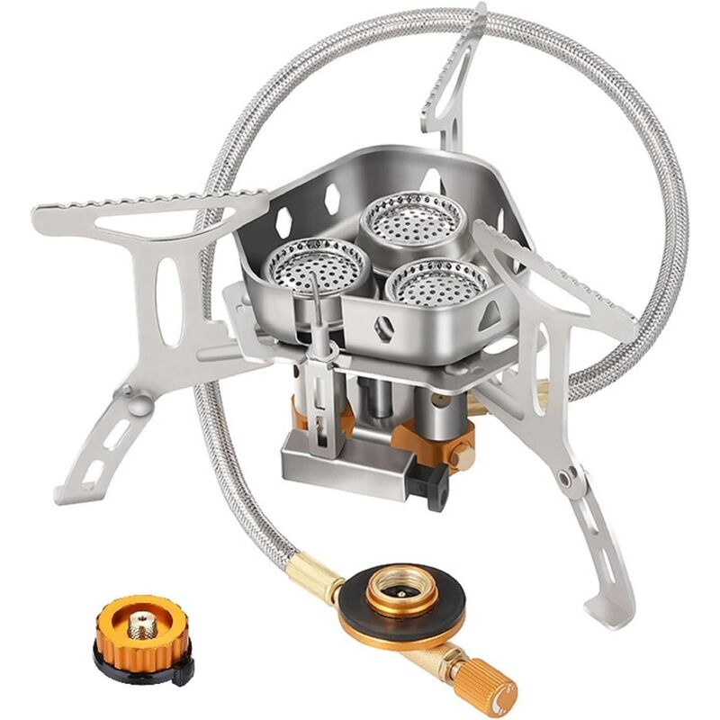 foto del prodotto fornello da campeggio mini stufa compatto fornellino antivento a gas pieghevole in acciaio con accensione 5800 watt 