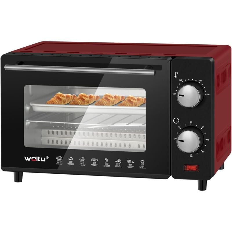 foto del prodotto fornetto elettrico 10l 650w. forno per pizza elettrico. mini forno con teglia. griglia e pinza. temperatura tra 100 230 . timer 0 60 min. 650w. rosso