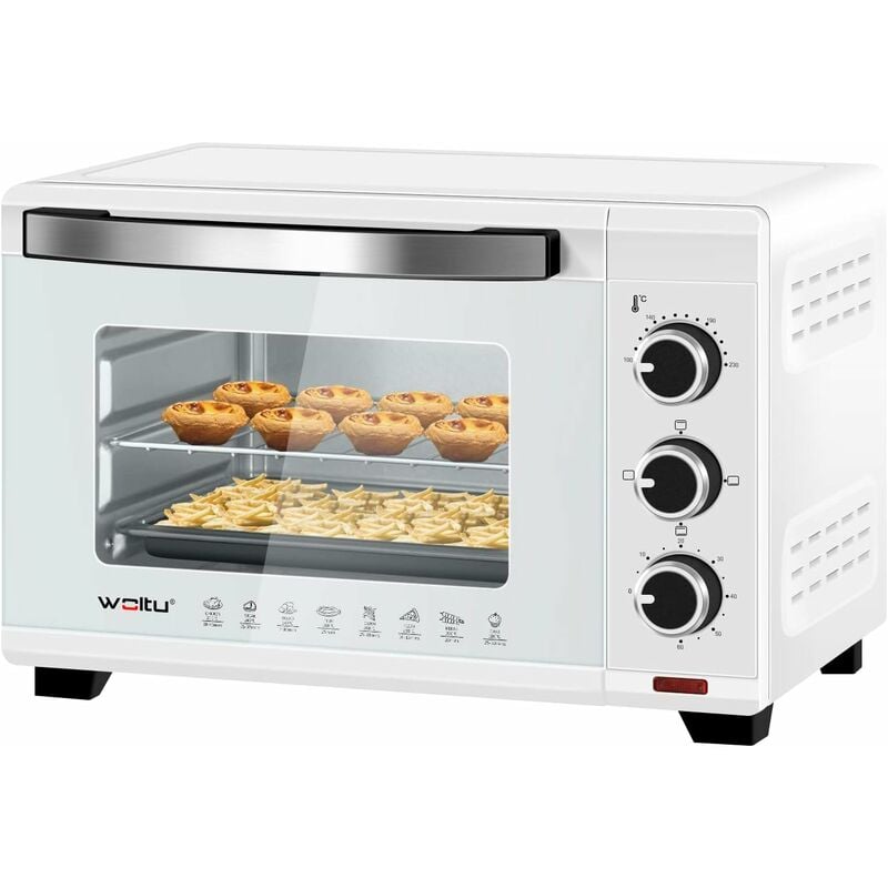 foto del prodotto fornetto elettrico da 21 litri 1280w. forno per pizza. temperatura tra 100 230 . timer 0 60 minuti. porta a doppio vetro visibile. con teglia.