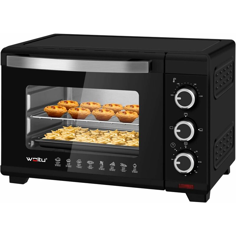 foto del prodotto fornetto elettrico da 21 litri 1280w. forno per pizza. temperatura tra 100 230 . timer 0 60 minuti. porta a doppio vetro visibile. con teglia.