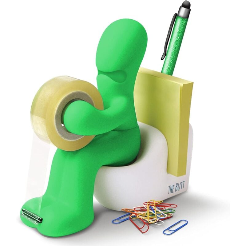 foto del prodotto forniture per ufficio - divertente dispenser per nastro adesivo - porta accessori per ufficio divertente e cool con rotolo di nastro adesivo, graffette, foglietti adesivi e penna inclusa (verde)