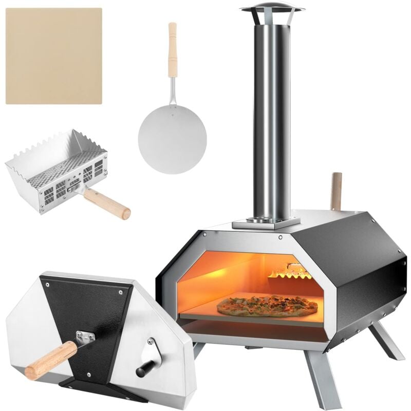 foto del prodotto forno a legna per pizza, griglia in acciaio inox a 3 strati con termometro, pala per pizza, pietra per pizza, gambe pieghevoli, per esterno cortile,