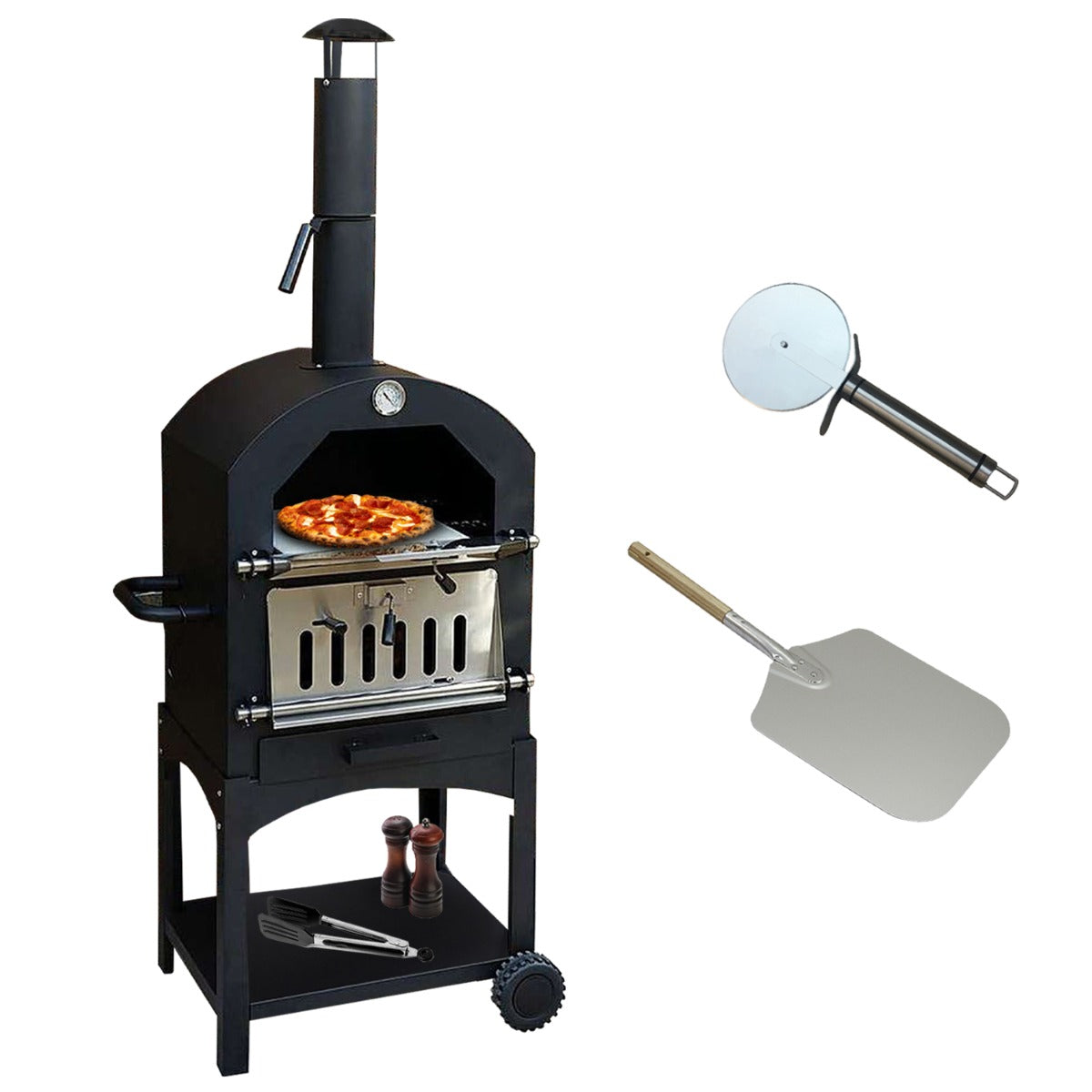 foto del prodotto forno multifunzione per pizza, carne e pesce in acciaio con pala pizza e cutter