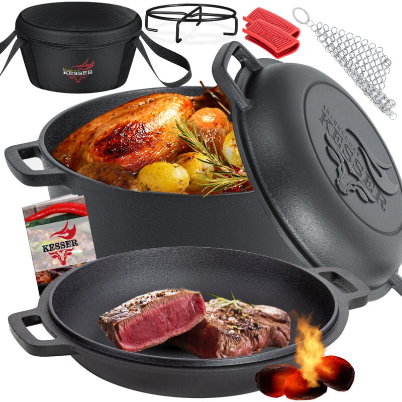 foto del prodotto forno olandese 2in1 pentola in ghisa 4 8l e padella 1 8l pronto all uso bruciato incluso ricettario casseruola doppia funzione coperchio padella nero