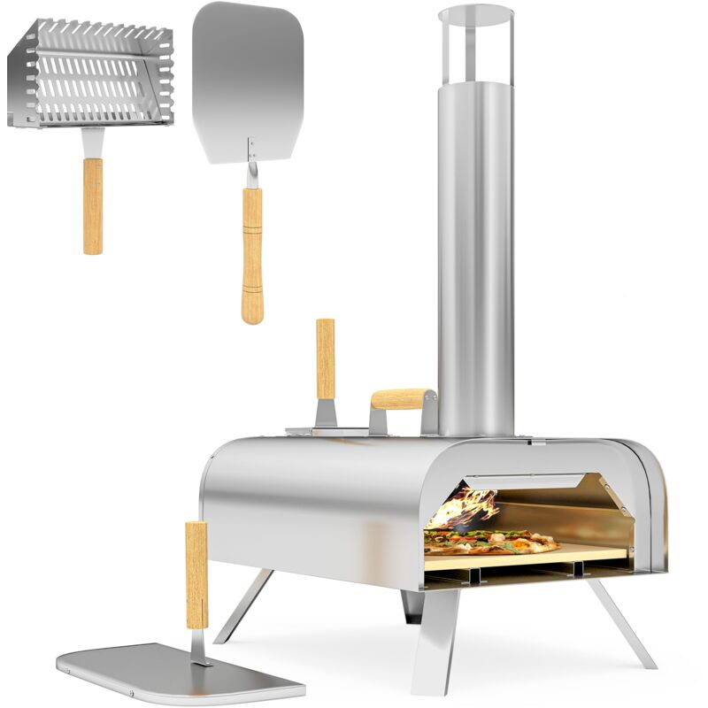 foto del prodotto forno per pizza a pellet 79x36x75 cm con pietra refrattaria e pala in acciaio inox argento