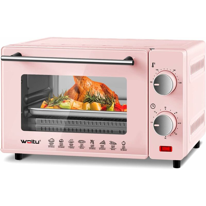 foto del prodotto forno per pizza da 10l 800w. fornetto elettrico. mini forno elettrico con sportello visibile. temperatura tra 100 230 . timer 0 60 minuti. con