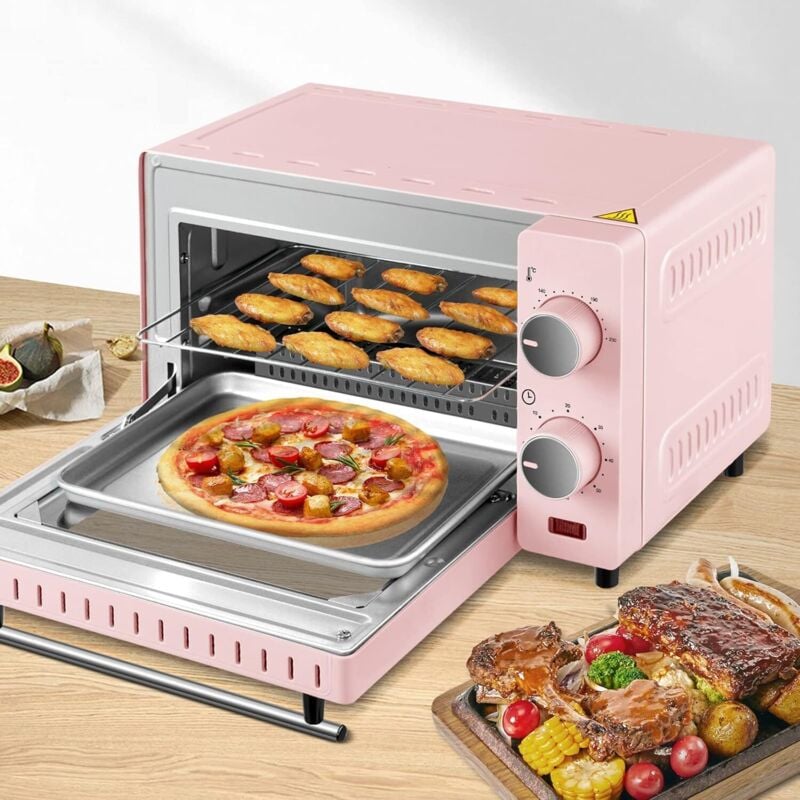 foto del prodotto forno per pizza da 10l 800w. fornetto elettrico. mini forno elettrico con sportello visibile. temperatura tra 100 230 . timer 0 60 minuti. con