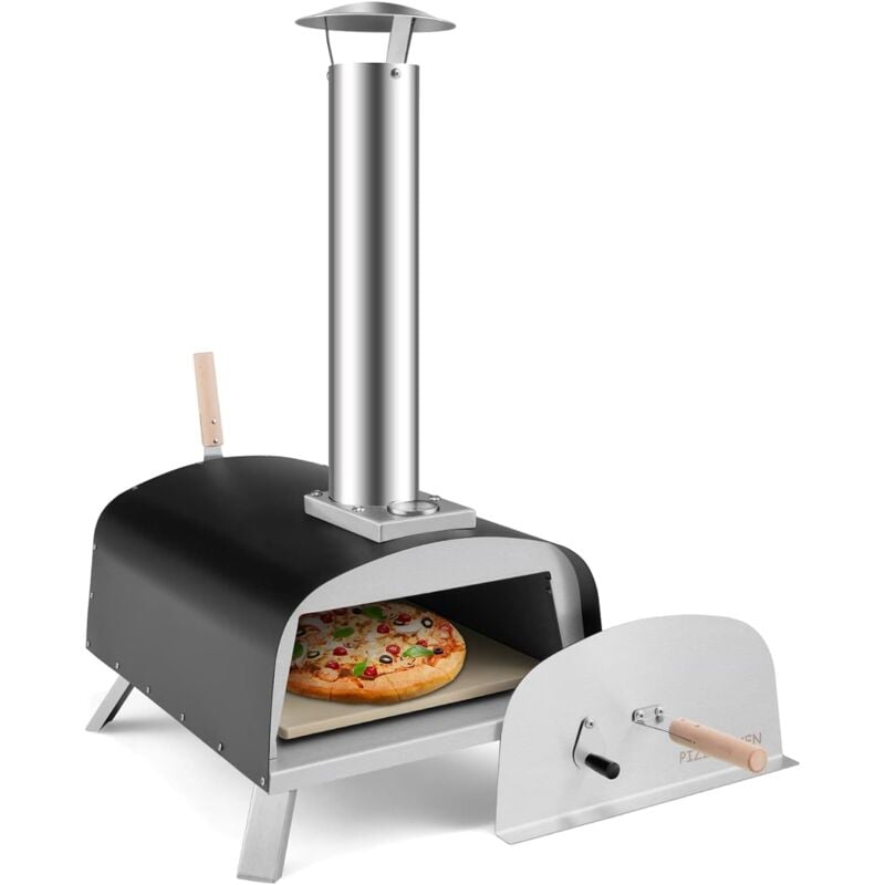 foto del prodotto forno per pizza da esterno, forno per pizza con pietra per pizza, parafuoco, gambe pieghevoli, camino smontabile, fornetto portatile giardino