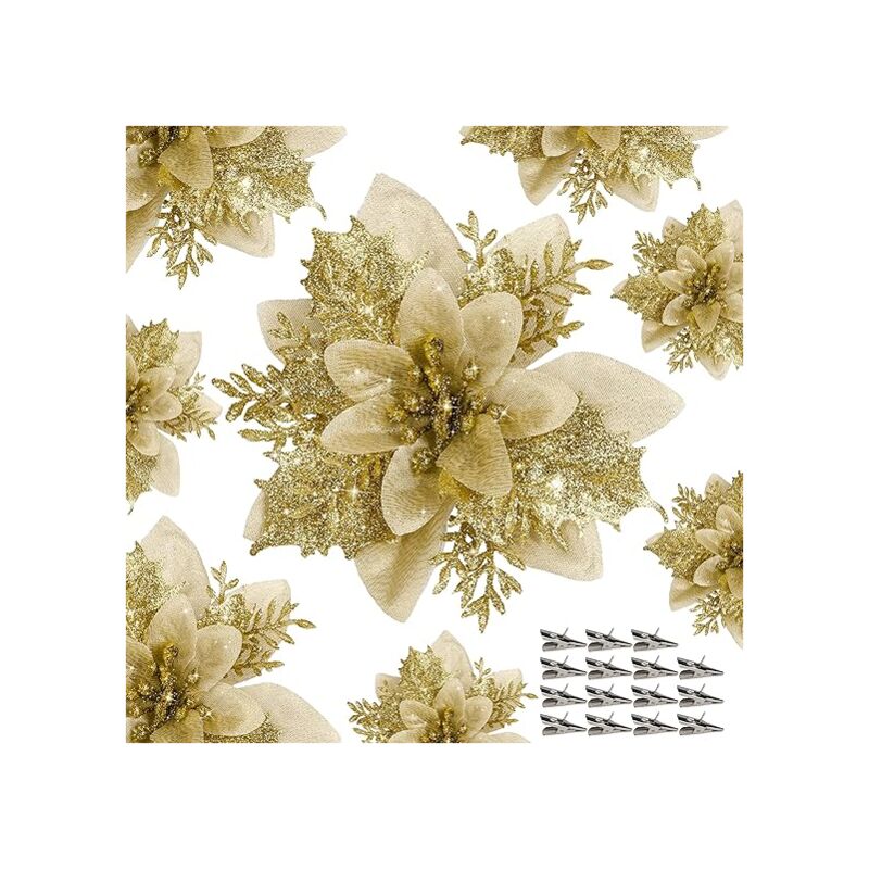 foto del prodotto fortuneville - 15 pcs poinsettia d'oro poinsettia di fiori artificiali con clip decorazioni natalizie glitter poinsettia ornamenti natalizi albero di natale decorazioni floreali con steli ghirlanda natalizia fai-da-