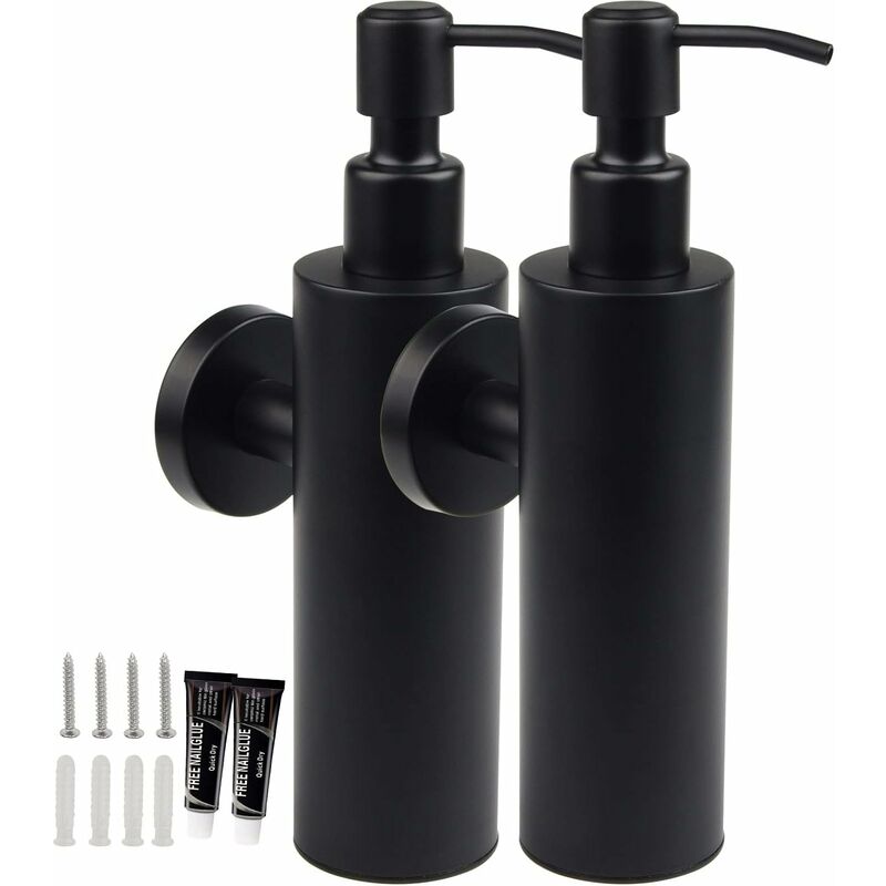 foto del prodotto fortuneville 2 pcs dispenser sapone parete 304 inox 200ml matte nero manuale dispenser di sapone shampoo doccia gel bottiglia mani, per cucina,