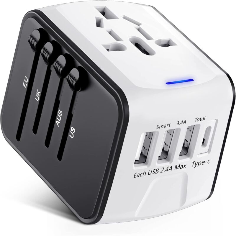 foto del prodotto fortuneville adattatore da viaggio, adattatore universale con porte usb tipo c 3 e spina ca, presa adattatore per pi paesi mns