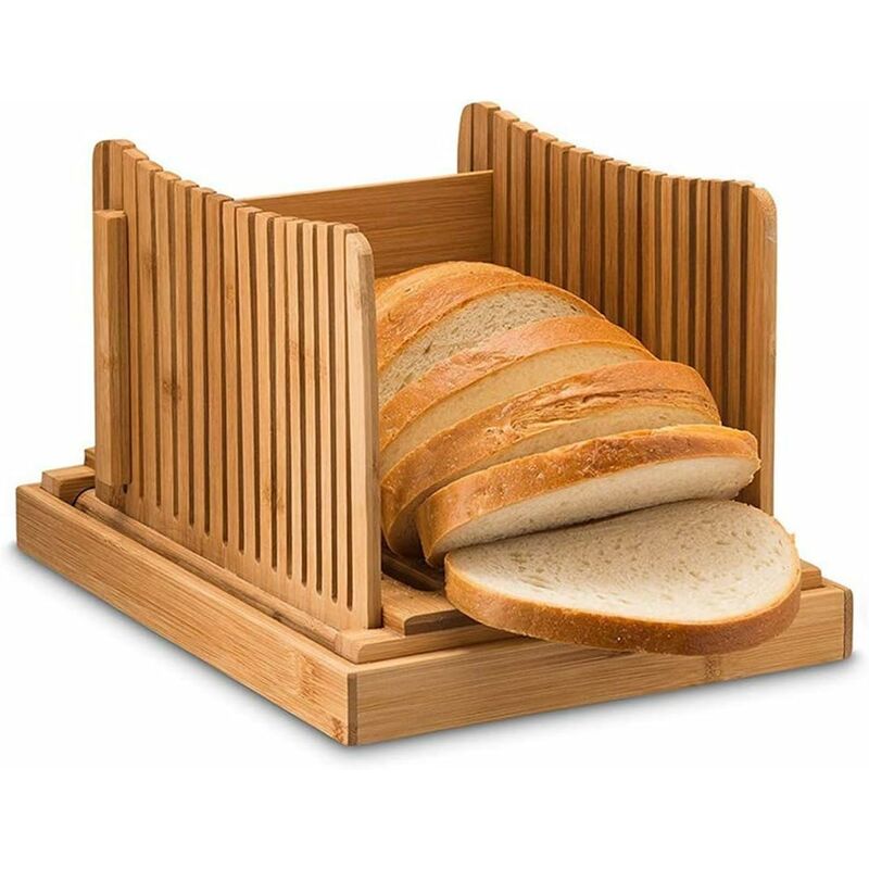 foto del prodotto fortuneville affettatrice per pane in bamb regolabile, compatta, pieghevole, guida per affettare con vassoio raccogli briciole, 3 spessori