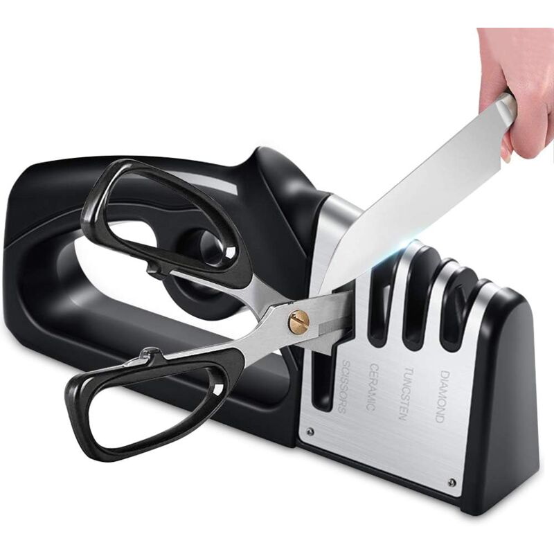 foto del prodotto fortuneville affilacoltelli e forbici da cucina 4 in 1, affilacoltelli professionale, affilacoltelli con gomma antiscivolo per coltelli in acciaio