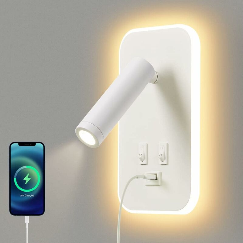 foto del prodotto fortuneville applique a led, lampada da lettura sul comodino con interruttore, porta di ricarica usb, luce d atmosfera per camera da letto spot