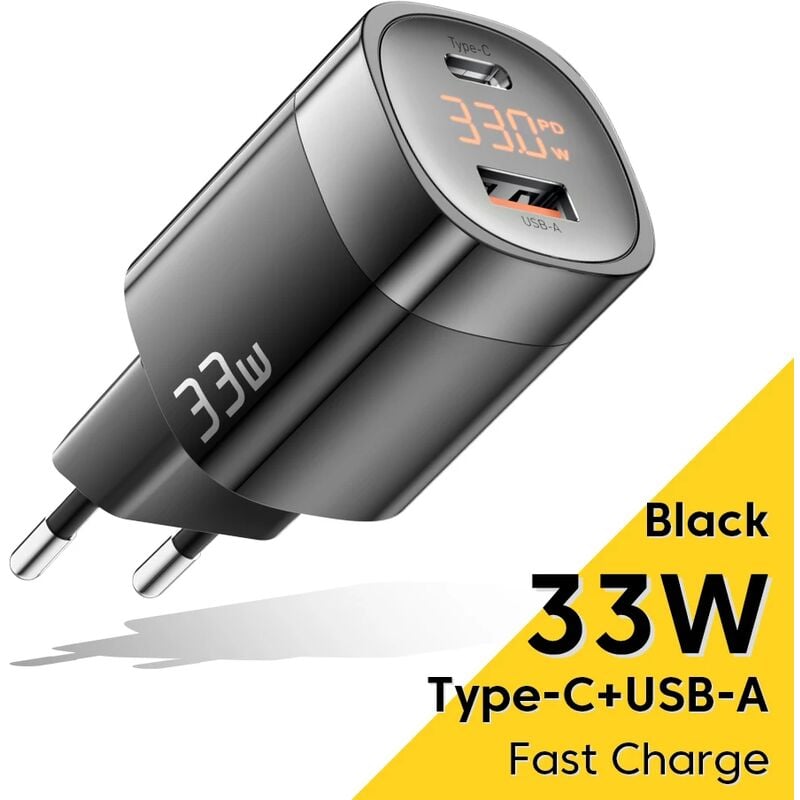 foto del prodotto fortuneville caricabatterie usb c gan da 33 w, display digitale, ricarica rapida, per iphone 13 12 max pro ipad, xiaomi poco, samsung nero, 1pc 