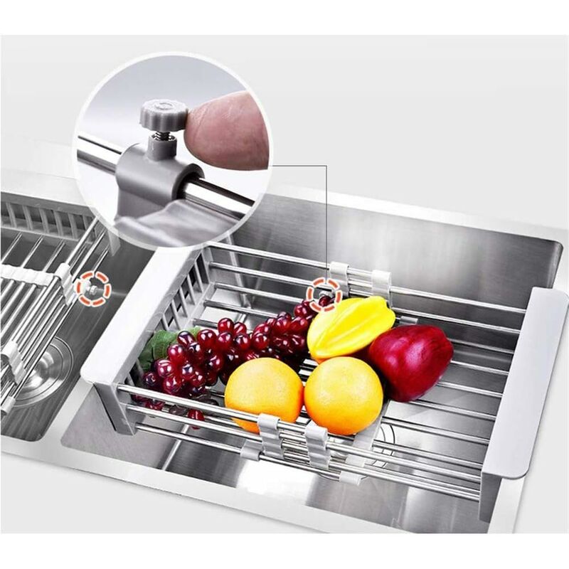 foto del prodotto fortuneville cestello di scarico retrattile in acciaio inox per lavello, scolapiatti, mensola da cucina, asciugapiatti con bordo in plastica