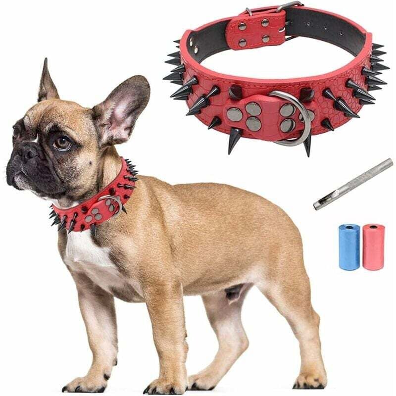foto del prodotto fortuneville collare per cani in pelle con borchie, anti morso, regolabile, individualit , per cani di taglia media e grande, perforatore in pelle