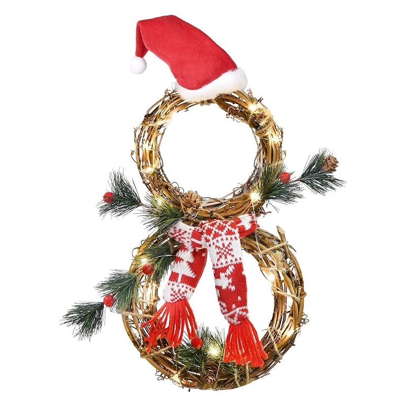 foto del prodotto fortuneville decorazione ghirlanda di natale illuminata ghirlanda di vite 16 x 8 pollici con cappello rosso e sciarpa ghirlanda di pupazzo di