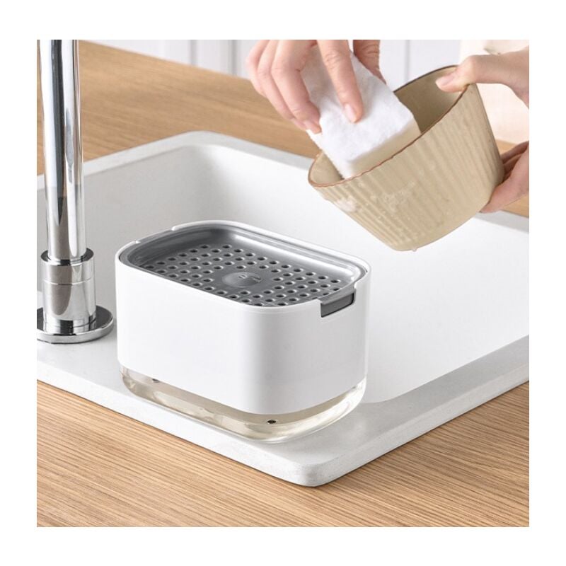 foto del prodotto fortuneville - dispenser di sapone da cucina, dispenser di sapone premium 2 in 1 e portaspugna, dispenser di sapone per piatti da appoggio, bianco