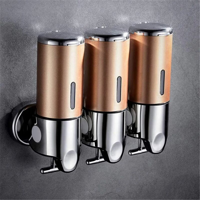 foto del prodotto fortuneville dispenser manuale di sapone a 3 vie, montaggio a parete senza trapano, dispenser per shampoo, bagnoschiuma e balsamo, oro