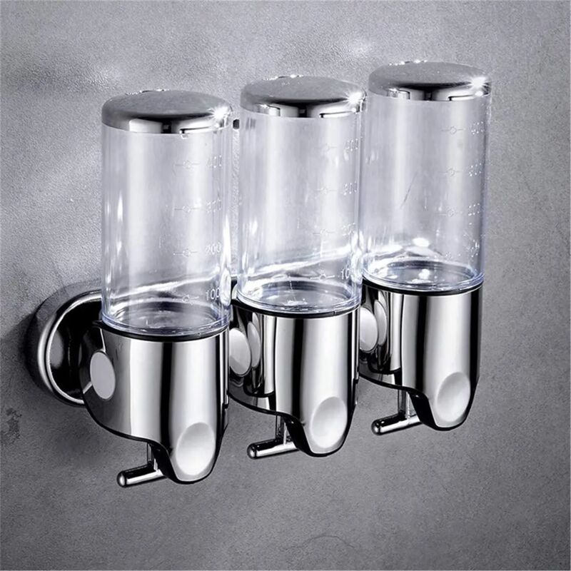 foto del prodotto fortuneville dispenser manuale di sapone, montaggio a parete triplo, senza foratura, dispenser per shampoo, bagnoschiuma e balsamo, trasparente