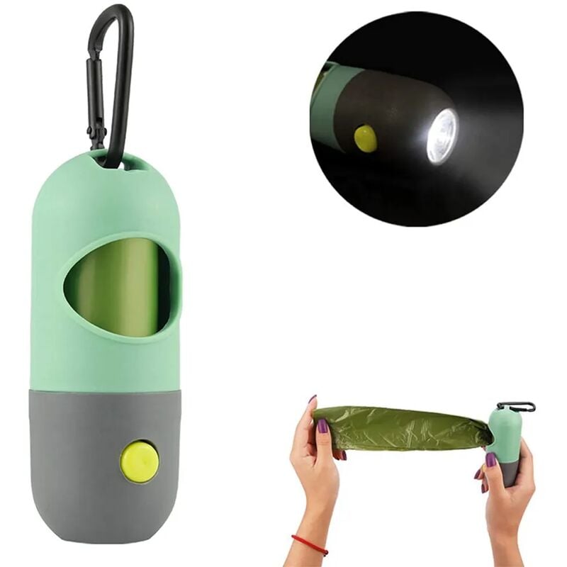 foto del prodotto fortuneville dispenser per sacchetti per escrementi di cane con torcia a led incorporata e clip per guinzaglio, accessori per passeggiate con il