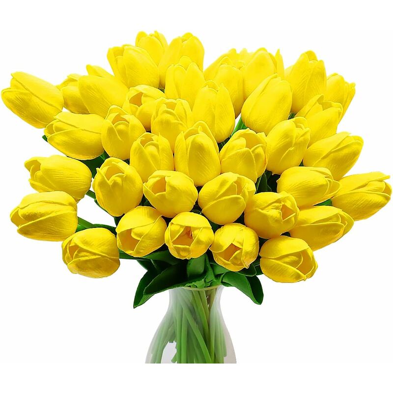 foto del prodotto fortuneville fiori di tulipano artificiale, 10 pezzi di fiori in lattice con tocco reale tulipani con foglie, decorazione elegante per banchetti