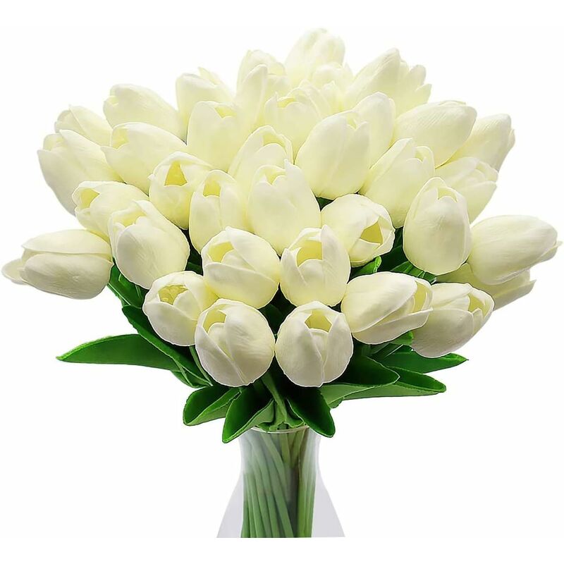 foto del prodotto fortuneville fiori di tulipano artificiale, 10 pezzi di fiori in lattice con tocco reale tulipani con foglie, decorazione elegante per banchetti