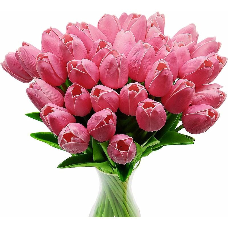 foto del prodotto fortuneville fiori di tulipano artificiale, 10 pezzi di fiori in lattice con tocco reale tulipani con foglie, decorazione elegante per banchetti