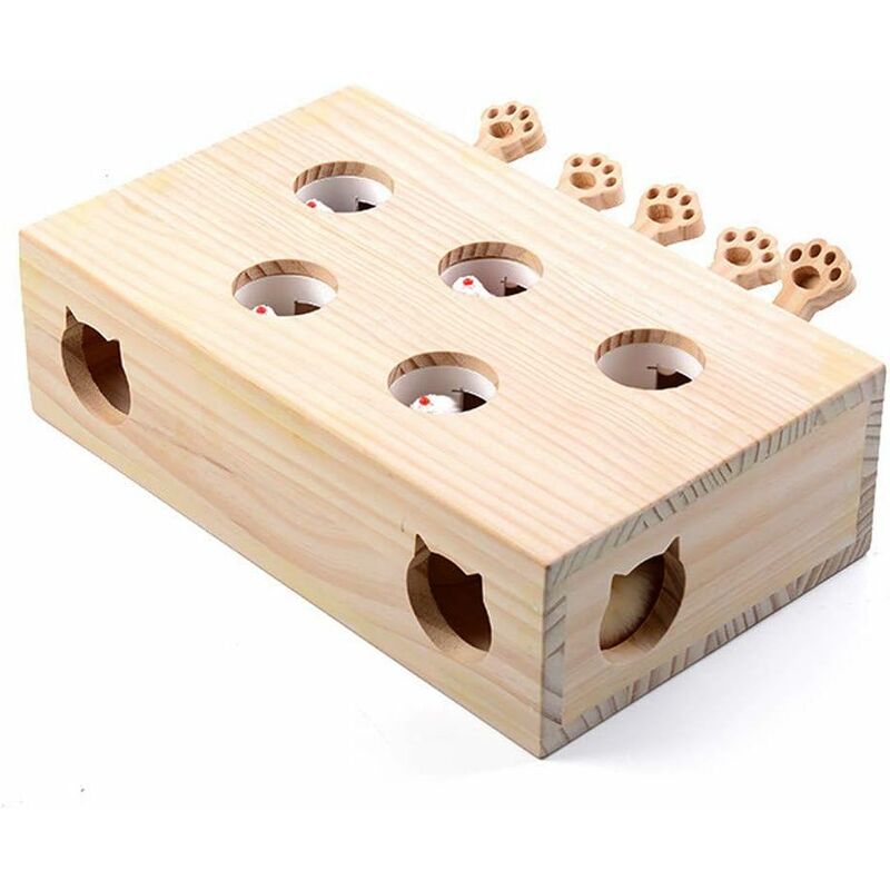 foto del prodotto fortuneville giocattolo interattivo per gatti, giocattolo in legno, topo talpa, scatola puzzle con simpatici cartoni animati per gatto, caccia,