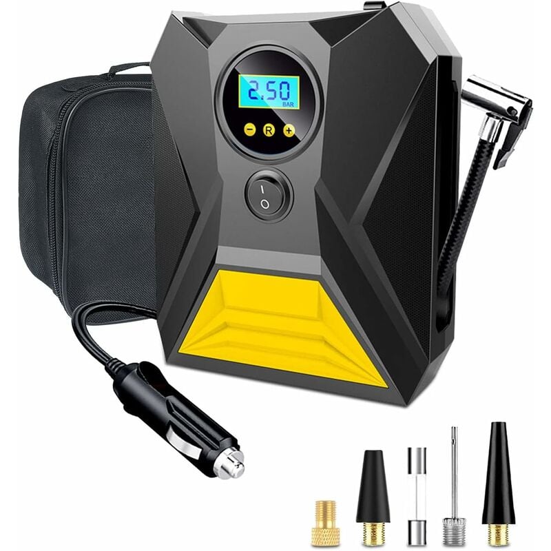 foto del prodotto fortuneville gonfiatore per pneumatici per auto, compressore d aria portatile da 12 v con funzione di memoria, 3 adattatori per ugelli, compressore