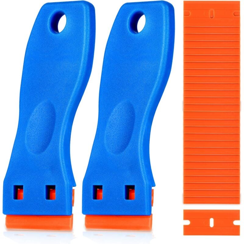 foto del prodotto fortuneville lama per raschietto in plastica, 2 raschietti con 60 lame in plastica, dispositivo di rimozione raschietto per adesivi, decalcomanie,
