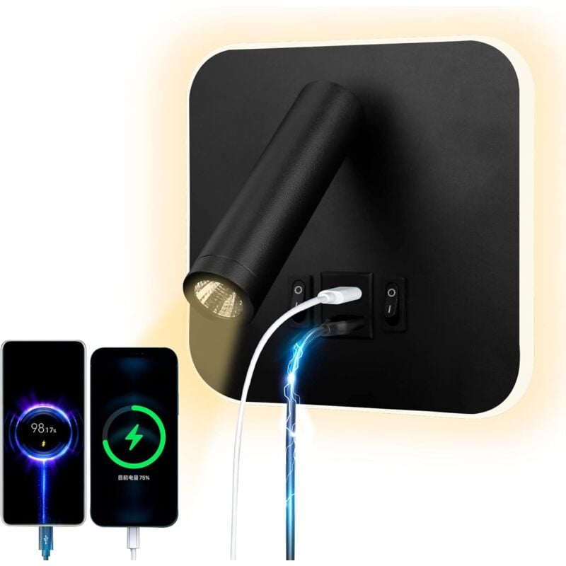 foto del prodotto fortuneville lampada da lettura a led lampada da parete usb type c doppio interruttore a bocca ricarica regolabile 12w 3000k faretto a led lampada