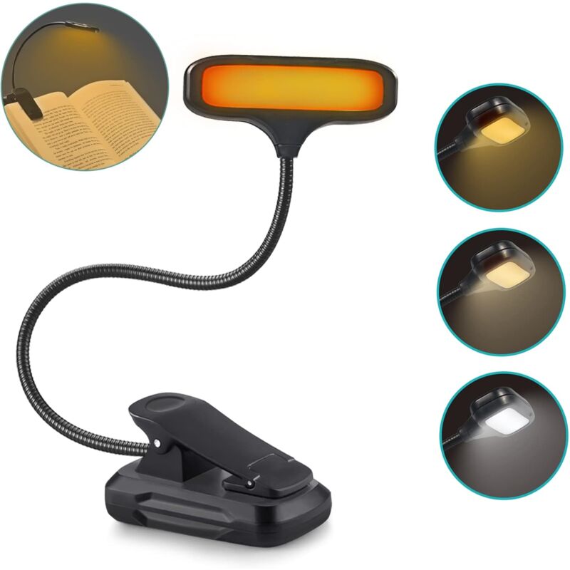 foto del prodotto fortuneville lampada da lettura con fermaglio per libro, luce da libro ricaricabile usb c con 15 led, 3 colori bianco ambra misto , 3 livelli di