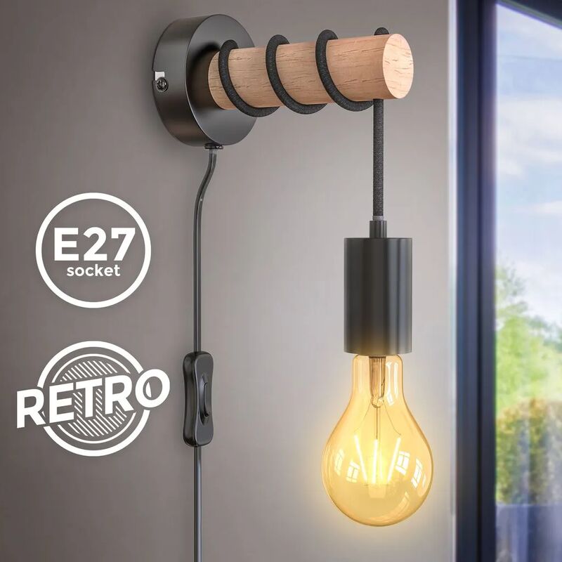 foto del prodotto fortuneville lampada da parete industriale a led in metallo legno retro lampada vintage nera cavo e27