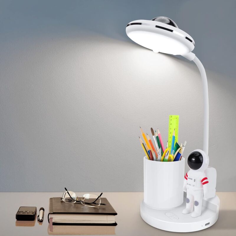foto del prodotto fortuneville lampada da scrivania a led dimmerabile con portapenne e proiettore, lampada da comodino con porta usb, luce di lettura a collo d oca