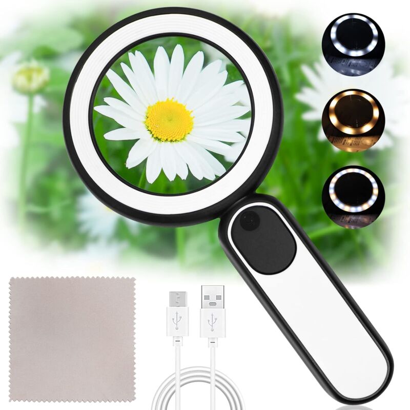 foto del prodotto fortuneville lente d ingrandimento 20x, lente d ingrandimento da lettura illuminata ricaricabile usb a 21 led con 3 modalit per bambini anziani