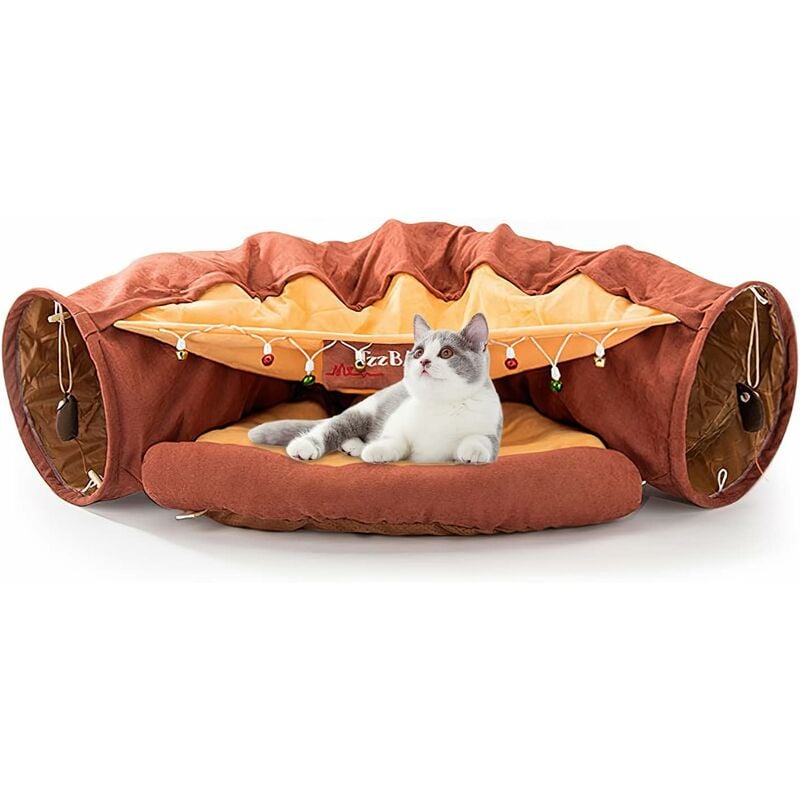 foto del prodotto fortuneville letto per gatti, tunnel per gatti con tappetino, letto a tunnel per gatti con 2 palline tiragraffi sospese, morbido e caldo letto a