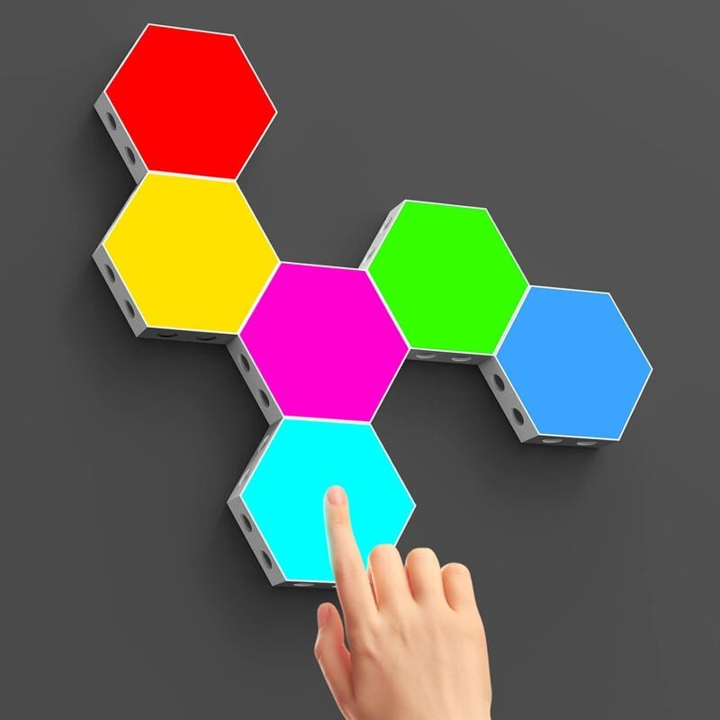 foto del prodotto fortuneville luce a led esagonale, 6 packs luci esagonali sensibili al tocco rgb, luci da parete a led esagonali intelligenti, luci da gioco che