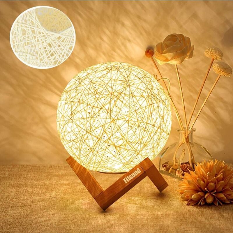 foto del prodotto fortuneville luce notturna a led, lampada da comodino, lampada d atmosfera per camera da letto in rattan e legno, ricaricabile tramite usb