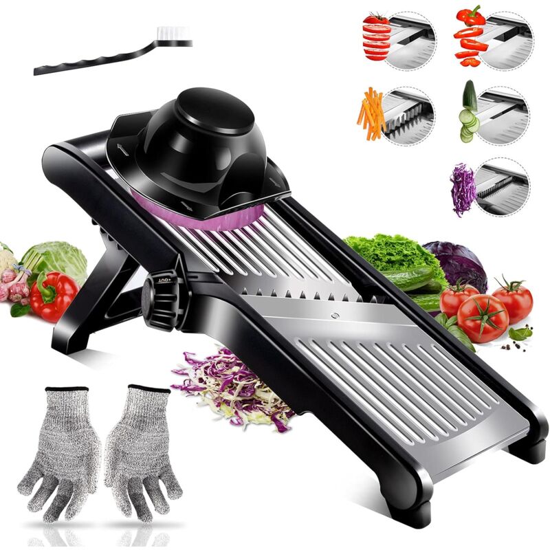 foto del prodotto fortuneville mandolina regolabile, mandolina da cucina professionale per frutta e verdura, mandolina in acciaio inox con guanti e pennello