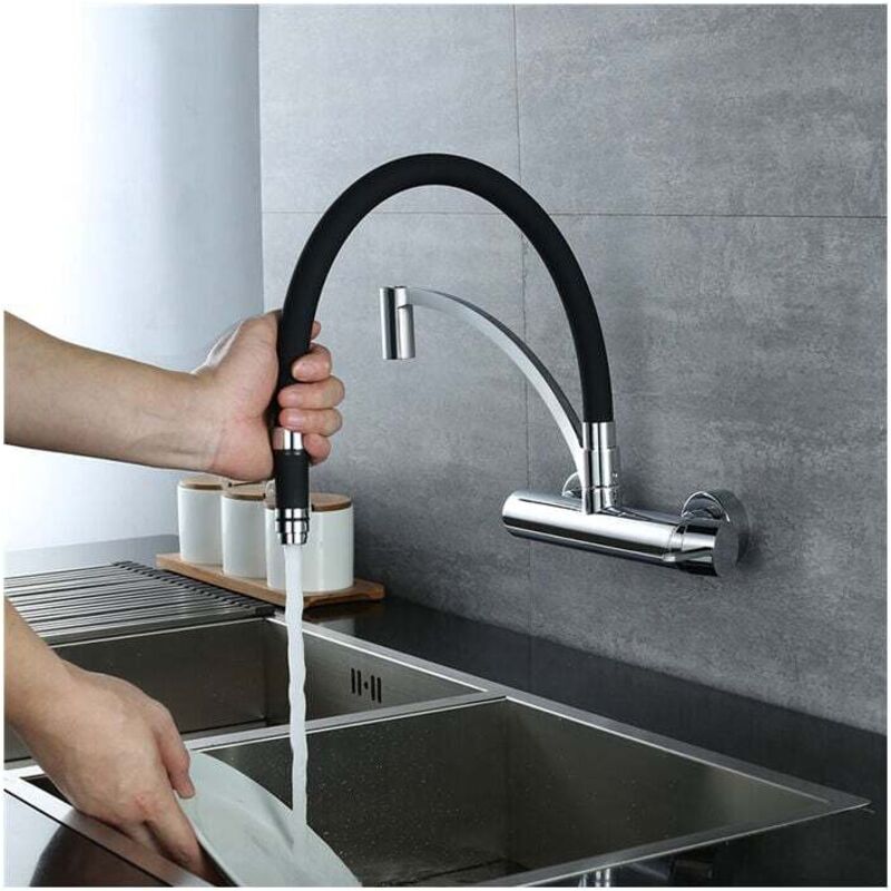 foto del prodotto fortuneville miscelatore per lavello da cucina a parete con tubi in silicone morbido rubinetti neri miscelatore da cucina ruotabile a 180 corpo in
