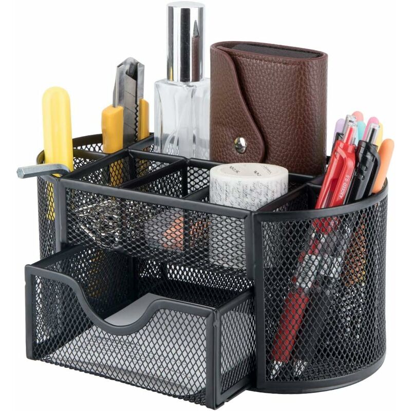 foto del prodotto fortuneville organizer da scrivania, organizer multifunzionale portapenne forniture per ufficio secchiello per penne design in rete metallica nera