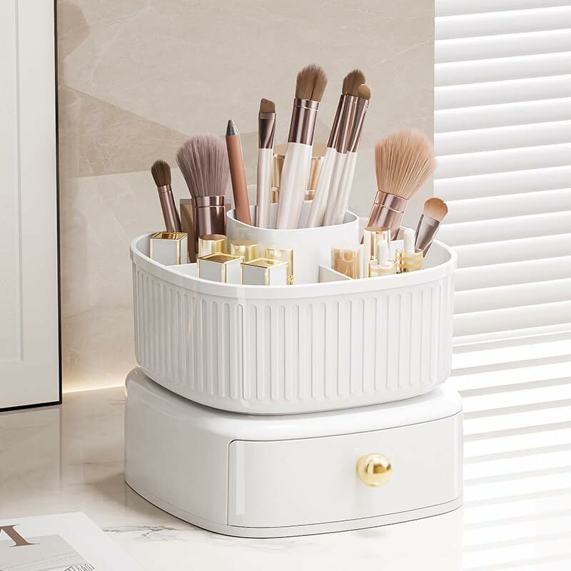 foto del prodotto fortuneville organizer per trucchi girevole a 360 con cassetto, organizer per cosmetici e profumi premium perfetto per rossetti, pennelli e bagno,