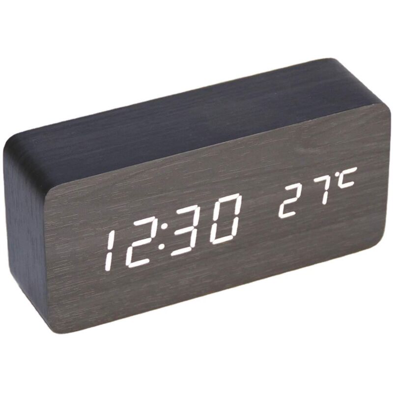 foto del prodotto fortuneville - orologio digitale multifunzionale in legno sveglia a led controllo vocale adatto per la casa luce bianca in legno nero