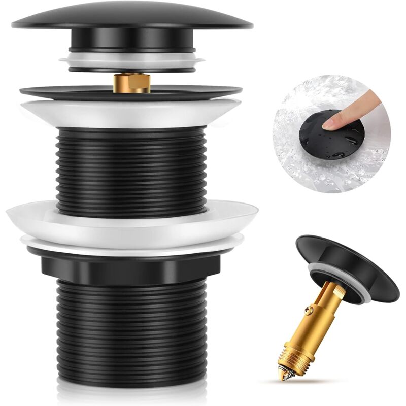 foto del prodotto fortuneville piletta lavabo senza troppopieno, piletta clic clac, piletta lavabo ottone, guarnizione piletta lavabo, piletta vasca, nero opaco